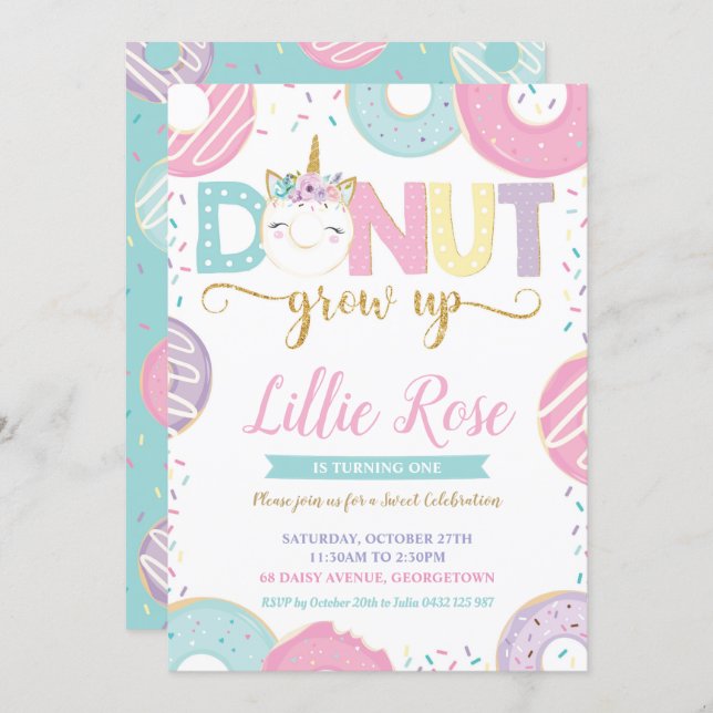 Donut Grow Up Unicorn 1st Birthday Invitation (Front/Back)