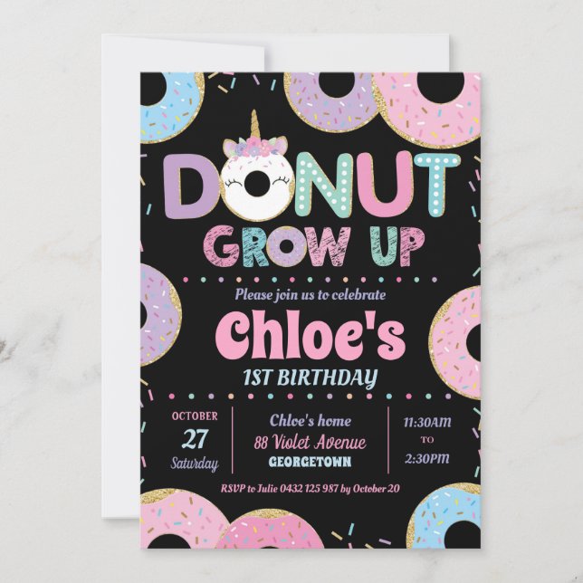 Donut Grow Up Unicorn Birthday Invitations Girl (Front)