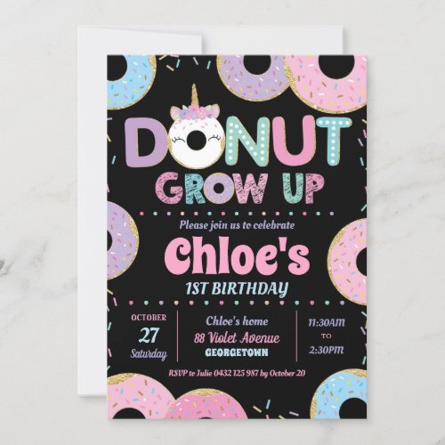 Donut Grow Up Unicorn Birthday Invitations Girl