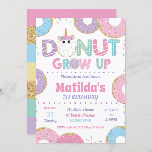 Donut Grow Up Unicorn Birthday Invitations Girl
