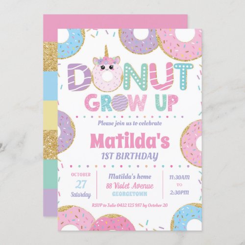 Donut Grow Up Unicorn Birthday Invitations Girl