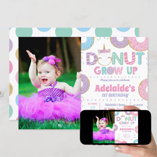 Donut Grow Up Unicorn Birthday Photo Invitation | Zazzle