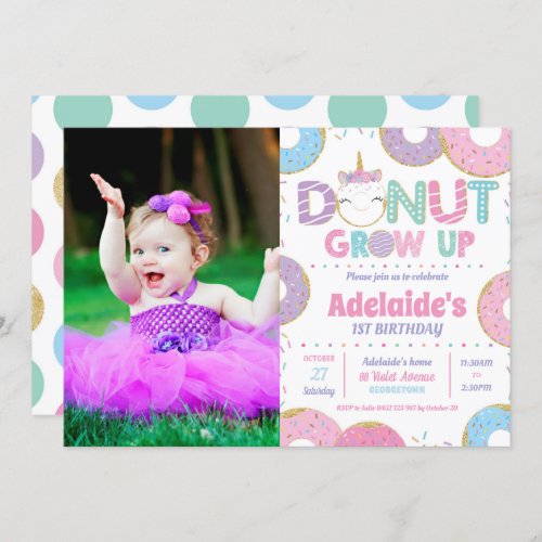 Donut Grow Up Unicorn Birthday Photo Invitation