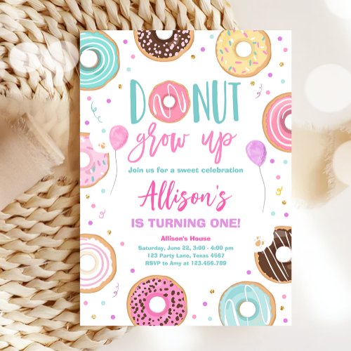 Donut Grow Up Watercolor Our Sweet Girl Birthday I Invitation