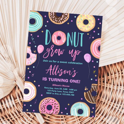 Donut Grow Up Watercolor Our Sweet Girl Birthday Invitation