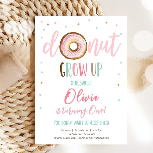 Donut Grow Up Watercolor Our Sweet Girl Birthday Invitation