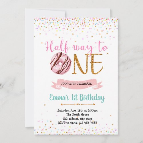 Donut haft way to one birthday theme invitation