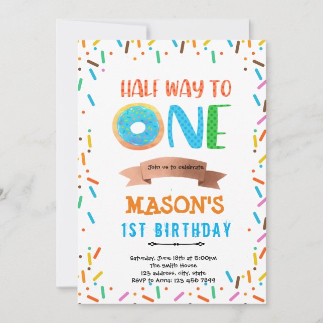 Donut half way to one boy party invitation (Front)