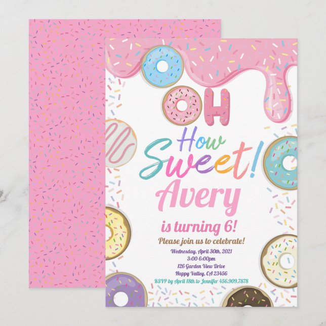 Donut How Sweet Birthday Party Pink Pastel Girl Invitation (Front/Back)