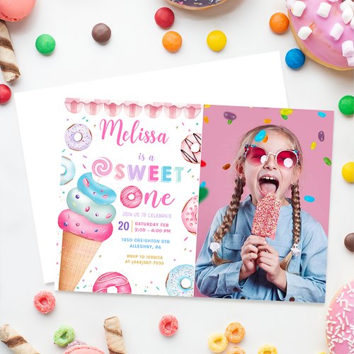 Donut Ice Cream Sweet One 1st Birthday Photo Invitation