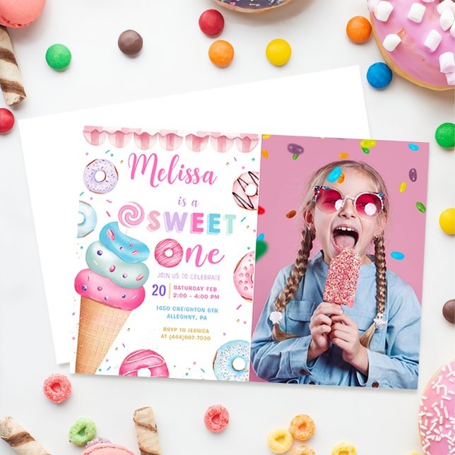 Donut Ice Cream Sweet One 1st Birthday Photo Invitation (Creator Uploaded)