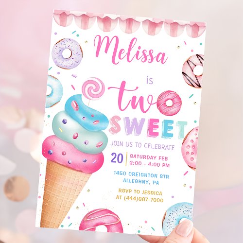 Donut Ice Cream Two Sweet 2nd Birthday Invitation