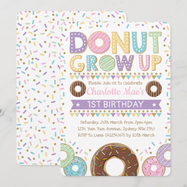 Donut Invitation Donut Birthday Party Pink Gold (Front/Back)