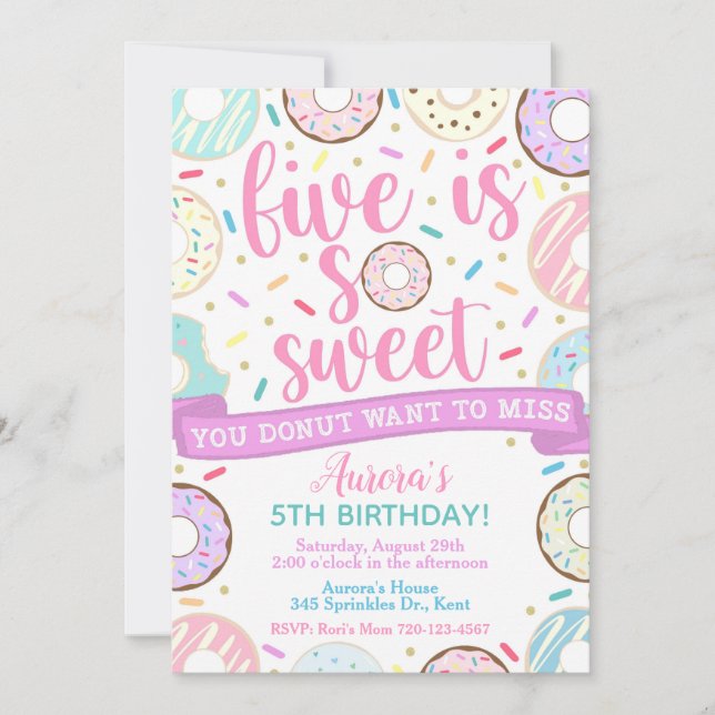 Donut Invitation, Five is Sweet Invitation, 5th Invitation (Front)