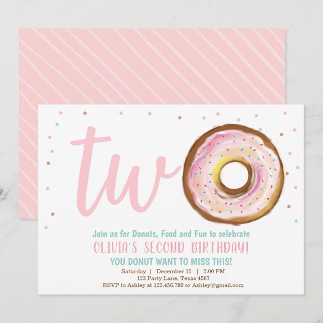 Donut Invitation One Girl Two Sweet Birthday Party (Front/Back)