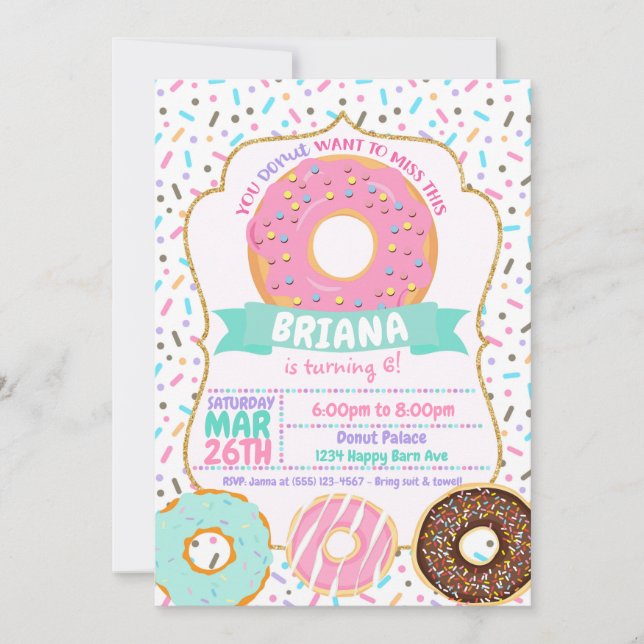 Donut Invitations, Pastel Gold Pink Donut Invites (Front)