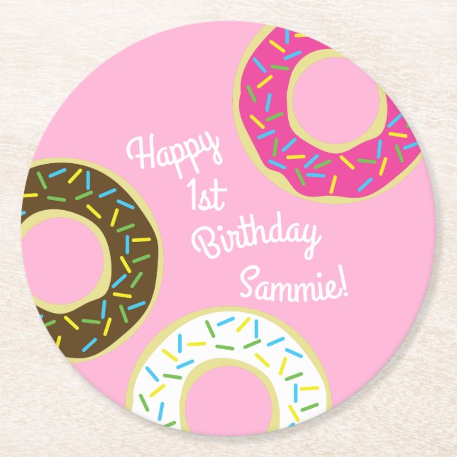 Donut Kid's Birthday Party Cute Round Paper Coaster (Front)