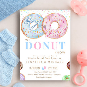Donut Know Gender Reveal Boy Girl Blue Pink Party Invitation