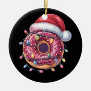 Donut Lover Christmas Lights Santa Hat Kids Women Ceramic Ornament