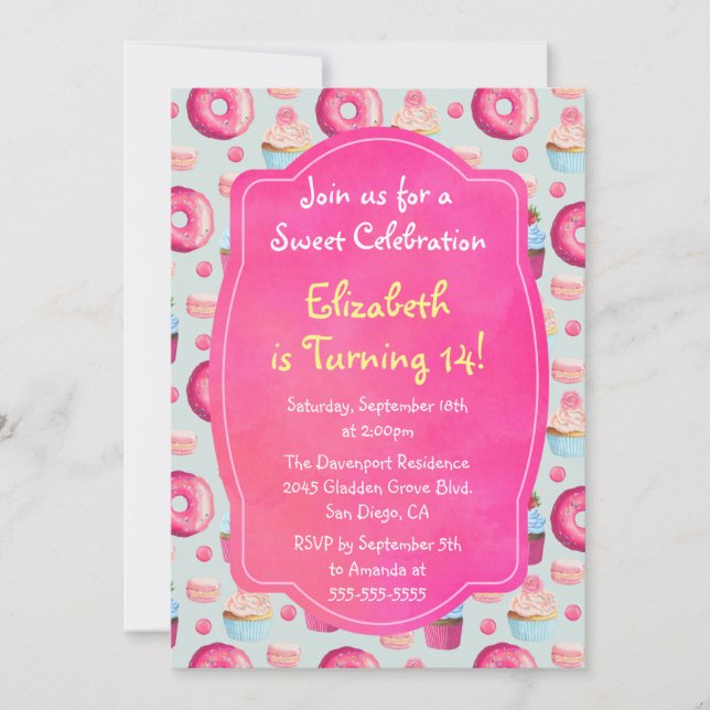 Donut Macarons And Cupcake Pattern Birthday Invite (Front)