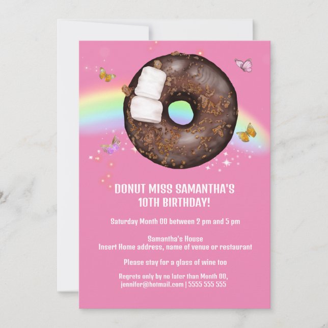 Donut magical rainbow pink butterfly any age invitation (Front)