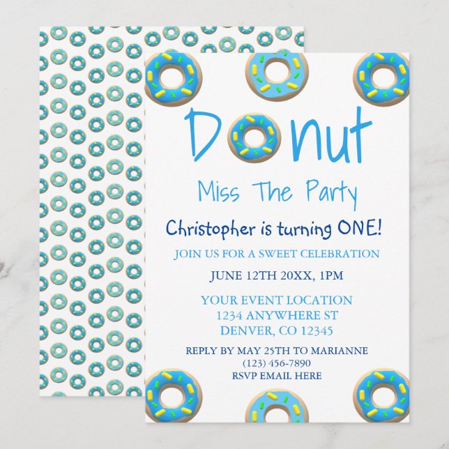 Donut Miss The Party 1st Birthday Invitation (Front/Back)