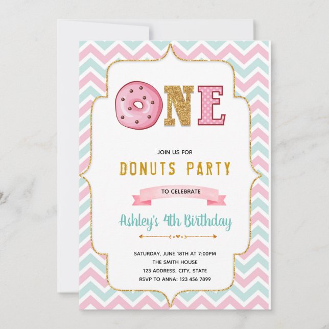 Donut one 1st birthday invitation (Front)
