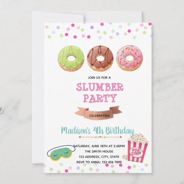 Donut pajamas birthday theme invitation (Front)