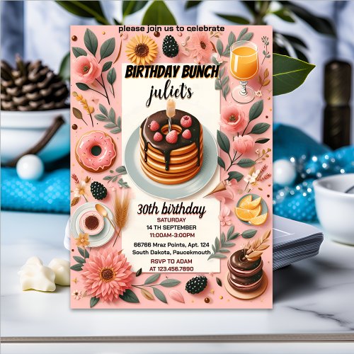 Donut pancake adult pink Brunch 30th Birthday Invitation