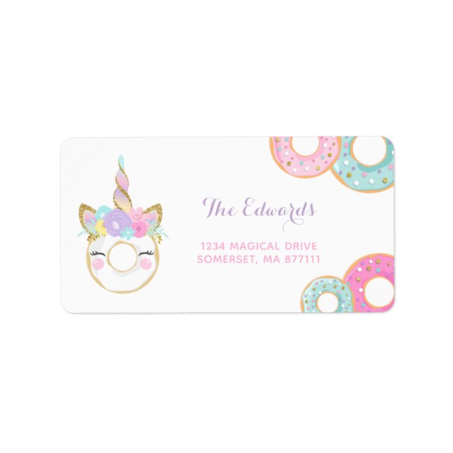 Donut Party Address Labels Donut & Unicorn (Front)