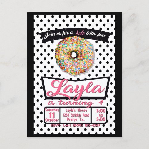 Donut Party Birthday Black White Polka Sprinkles Invitation Postcard