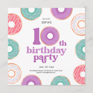 Donut Party Girl 10th Birthday Invitation