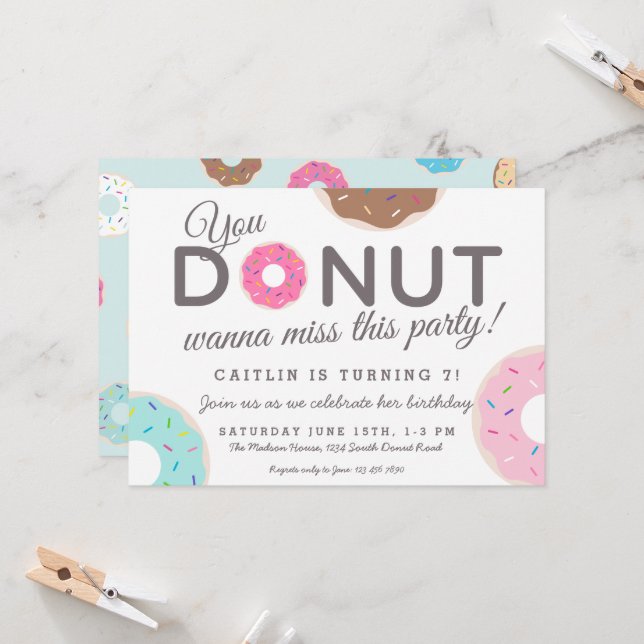 Donut Party Invitations | Donut Birthday Party (Front/Back In Situ)