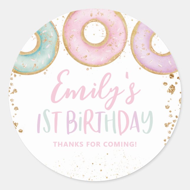 Donut Party Thank You Sticker 1st Birthday Party (Front)