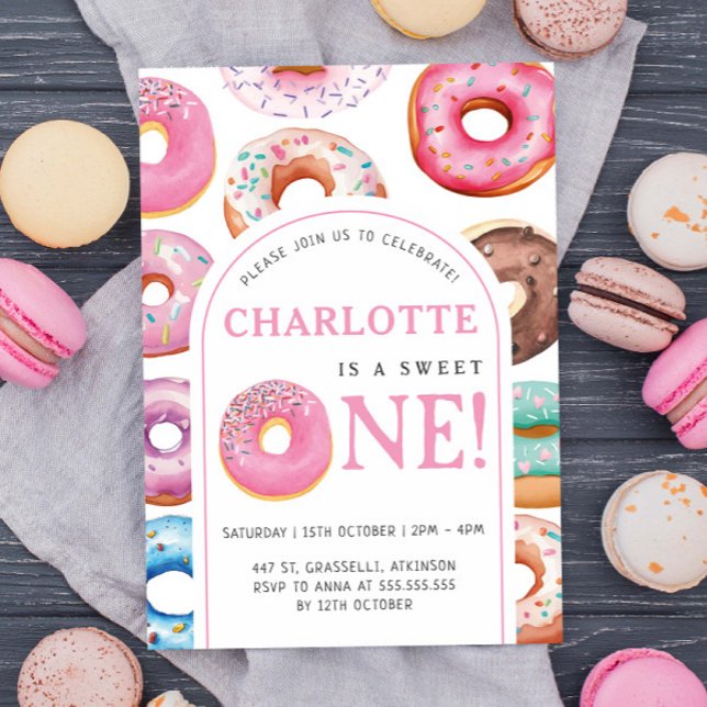Donut Pattern 1st Birthday Party First Sweet One Invitation (Creator Uploaded)