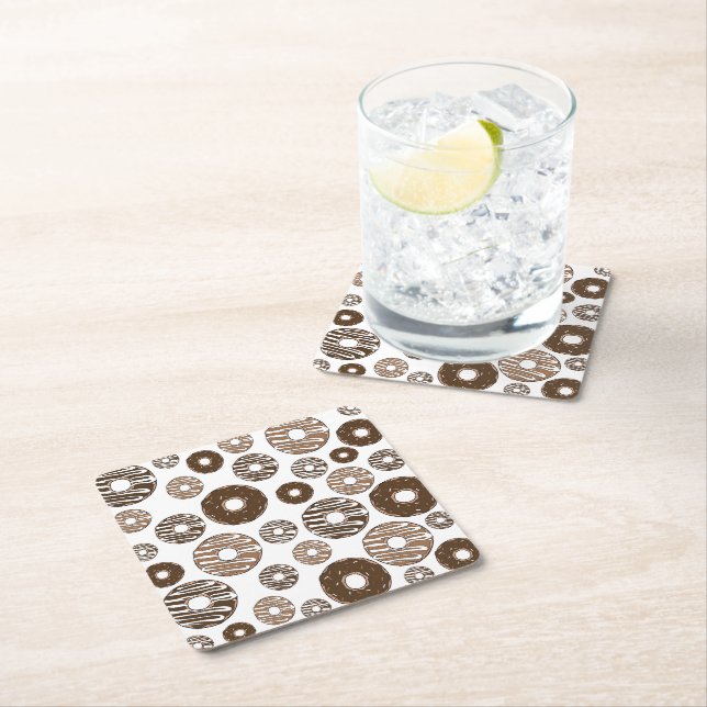 Donut Pattern, Chocolate Donuts, Caramel Donuts Square Paper Coaster (Insitu)
