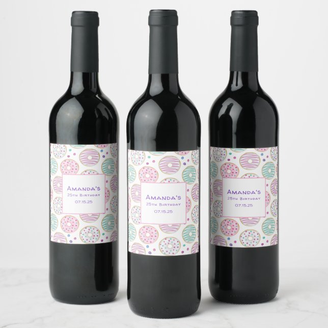 Donut Pattern Cute Colorful Birthday Wine Label (Bottles)