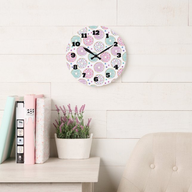 Donut Pattern Cute Colorful Large Clock (Reading Room)