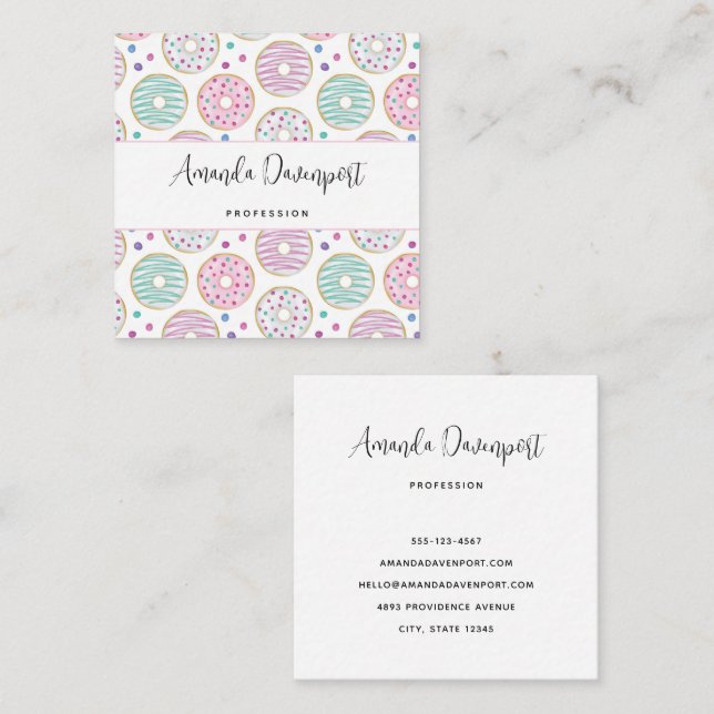Donut Pattern Cute Colorful Square Business Card (Front/Back)