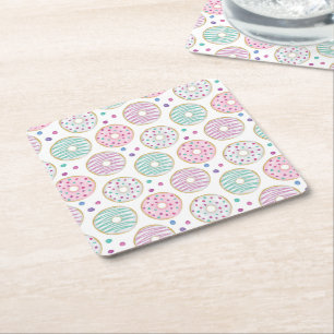 Donut Pattern Cute Colorful Square Paper Coaster