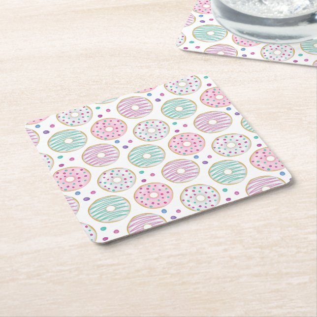 Donut Pattern Cute Colorful Square Paper Coaster (Angled)
