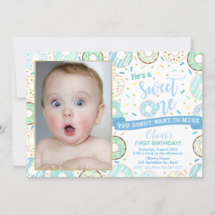 Donut Photo Birthday Invitation Boy Sweet One