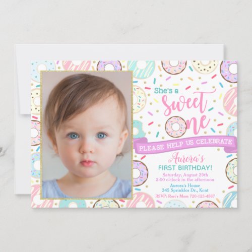 Donut Photo Birthday Invitation Sweet One Party