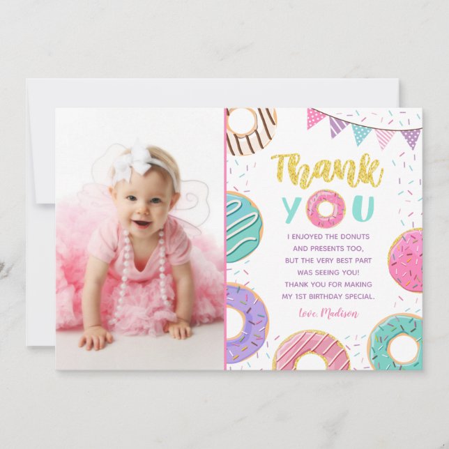 Donut Photo Birthday Thank You Cards (Front)