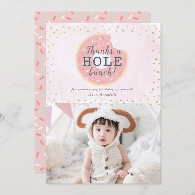 Donut Photo Pink Birthday Thank You Card (Front/Back)