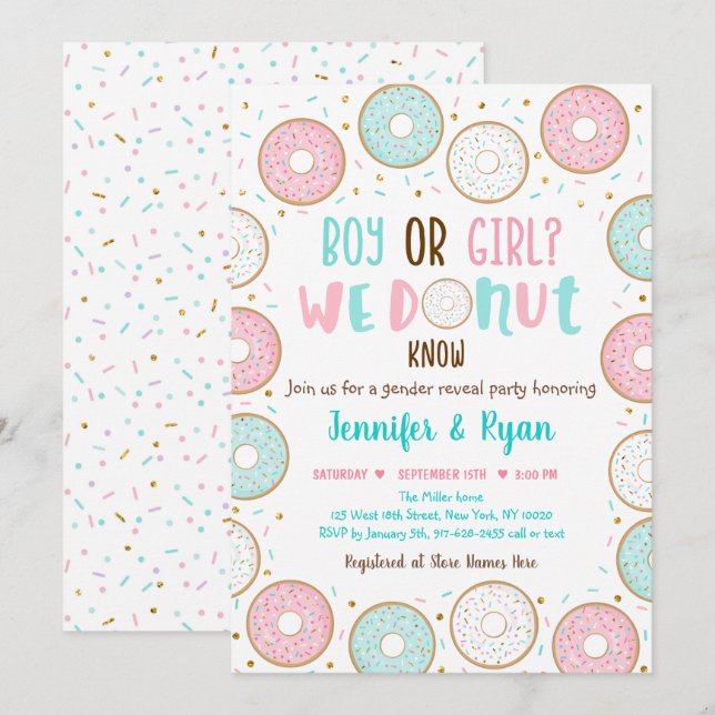 Donut Pink Blue Gold Gender Reveal Invitation (Front/Back)