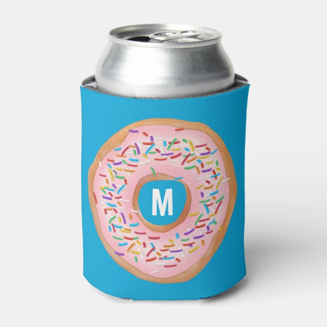 Donut Pink Frosted Sprinkle Cute Doughnut Monogram Can Cooler (Can Front)