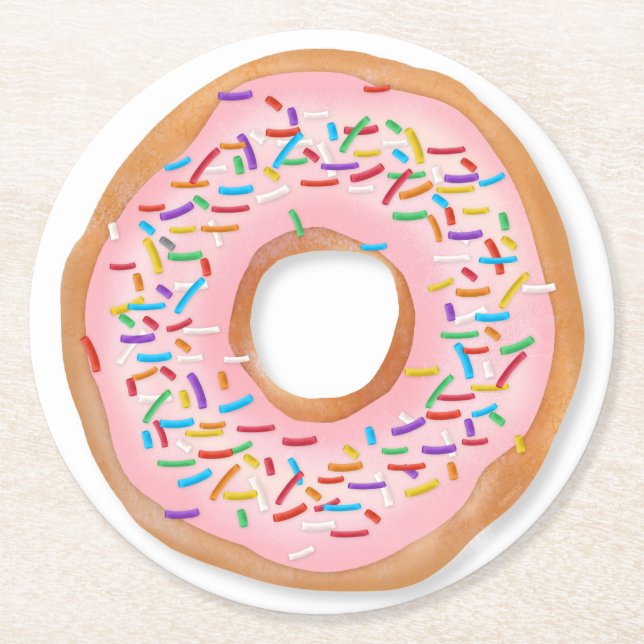 Donut Pink Frosting Sprinkles Cute Food | Doughnut Round Paper Coaster (Front)