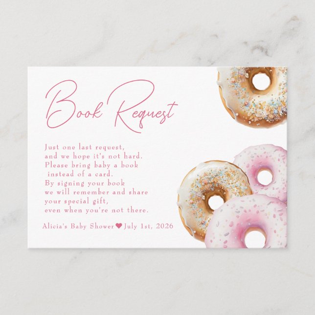 Donut | Pink Gingham Girl Baby Shower Book Request Enclosure Card (Front)
