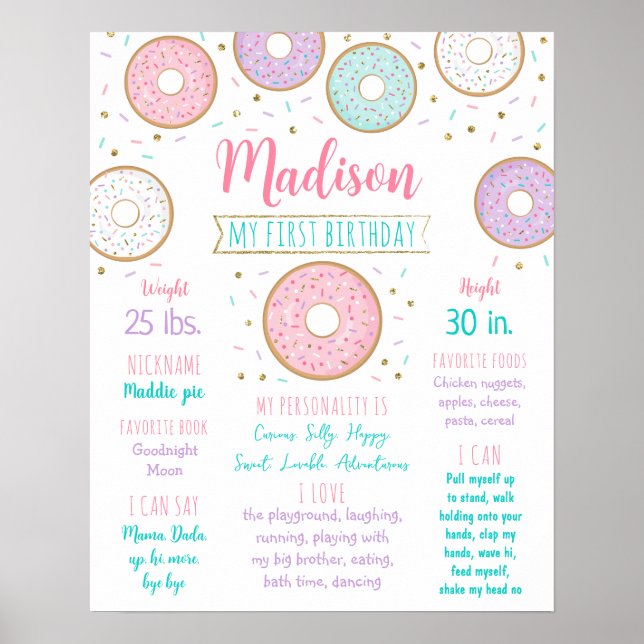 Donut Pink Gold First Birthday Milestone Poster (Front)